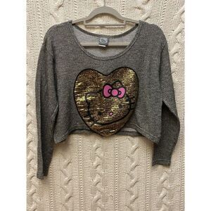 Hello Kitty Grey Crop Top L/S Gold Sequin‎ Logo XL-probably Junior Size